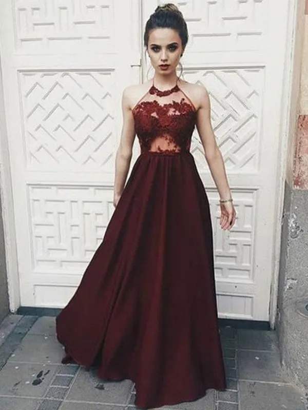 A Line Halter Neck Backless Floor Length Lace Maroon Long Prom, Maroon Lace Formal, Evening