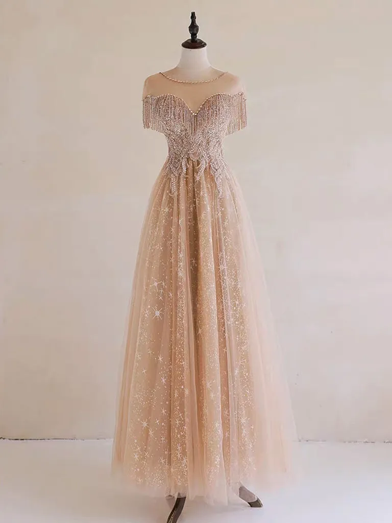 A-Line Lace Champagne Long Prom Dress, Champagne Lace Long Formal Dress