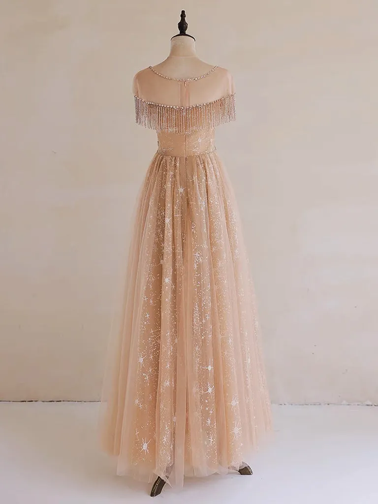 A-Line Lace Champagne Long Prom Dress, Champagne Lace Long Formal Dress