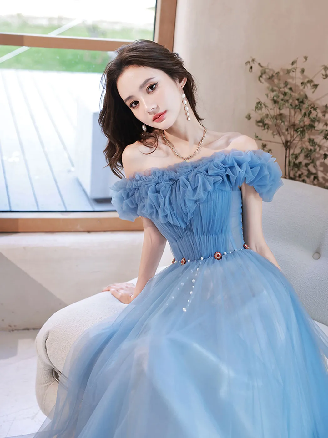 A-Line Off Shoulder Tulle Blue Long Prom Dress, Blue Formal Dresses