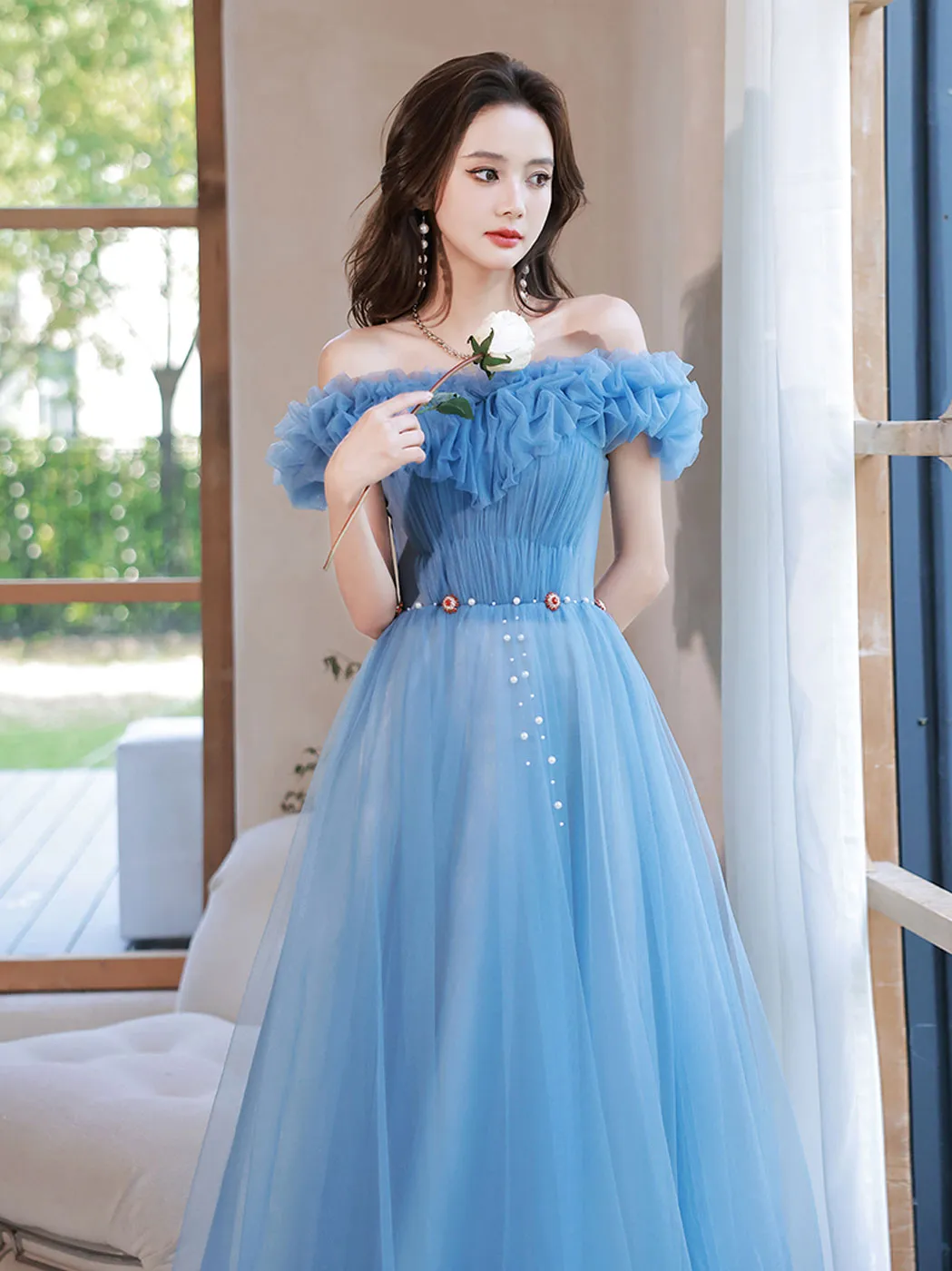 A-Line Off Shoulder Tulle Blue Long Prom Dress, Blue Formal Dresses