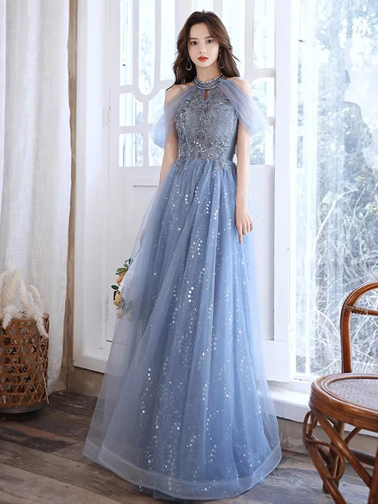 A-Line Off Shoulder Tulle Blue Long Prom Dress, Blue Lace Long Formal Dress