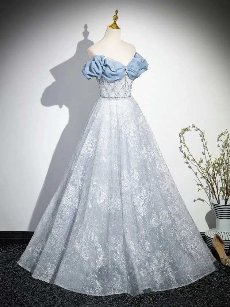 A-Line Off Shoulder Tulle Lace Beads Blue Long Prom Dress, Blue Long Formal Dress