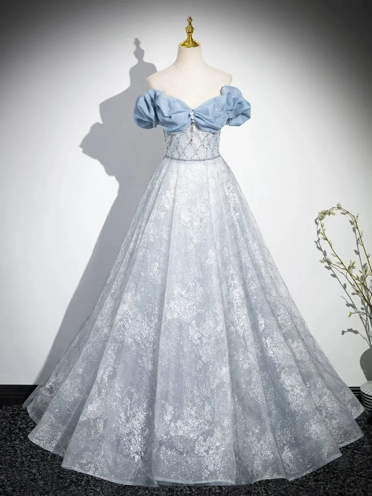 A-Line Off Shoulder Tulle Lace Beads Blue Long Prom Dress, Blue Long Formal Dress