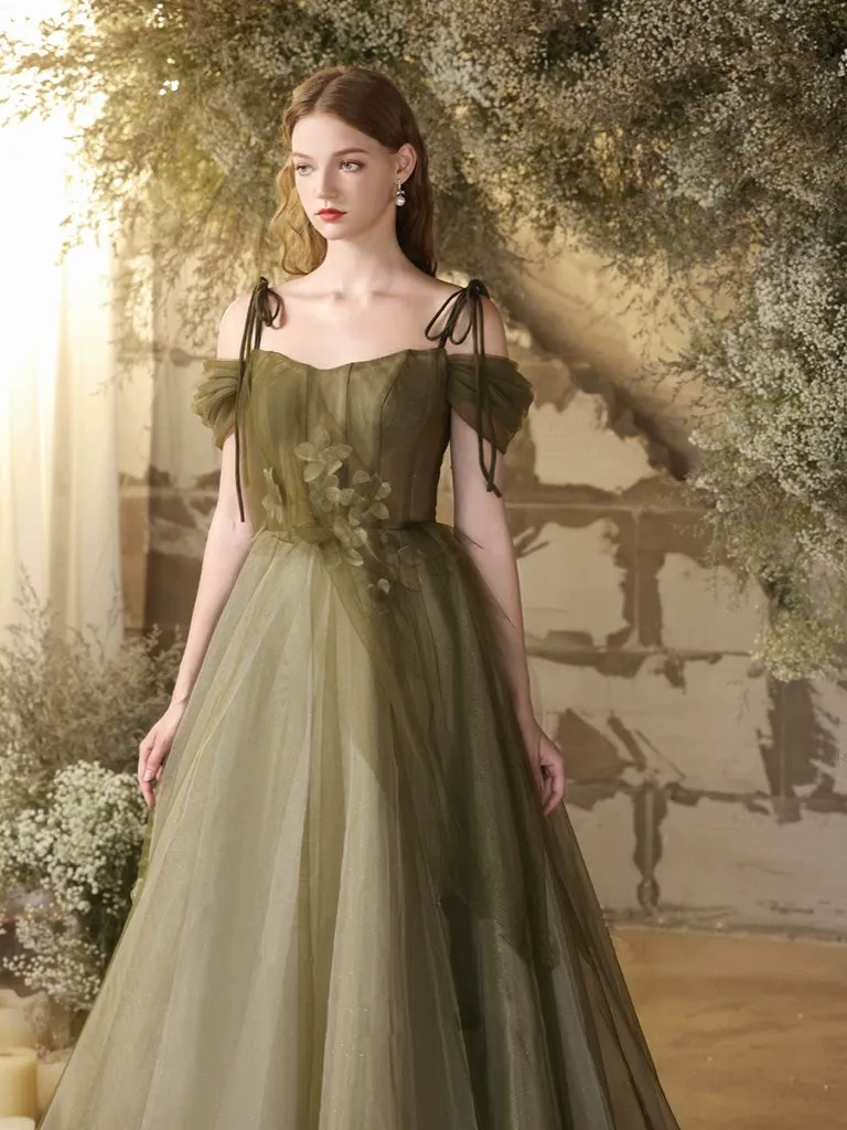 A-Line Off Shoulder Tulle Lace Green Long Prom Dress, Green Lace Long Formal Dress