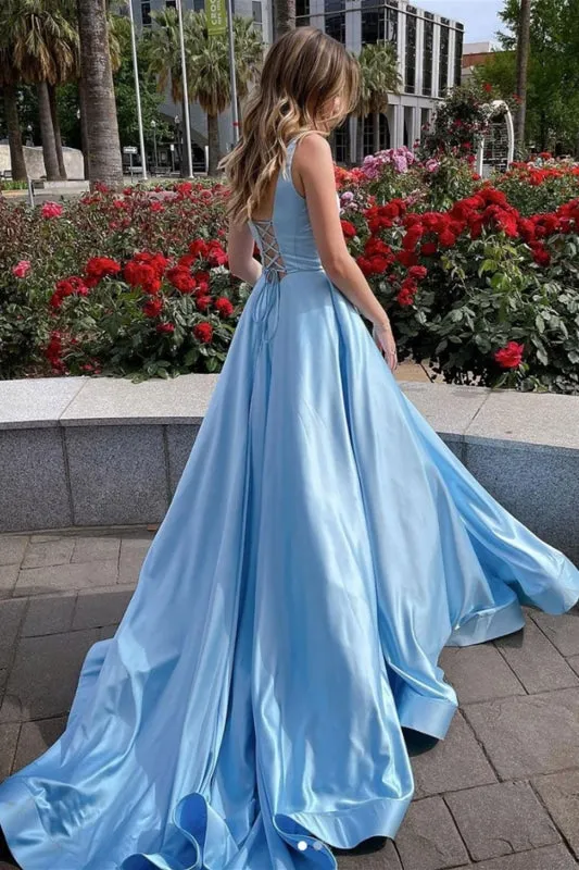 A Line Open Back Blue Satin Long Prom, Long Blue Formal Evening