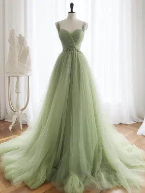 A-Line Sweetheart Neck Tulle Green Long Prom Dress, Green Long Formal Dress