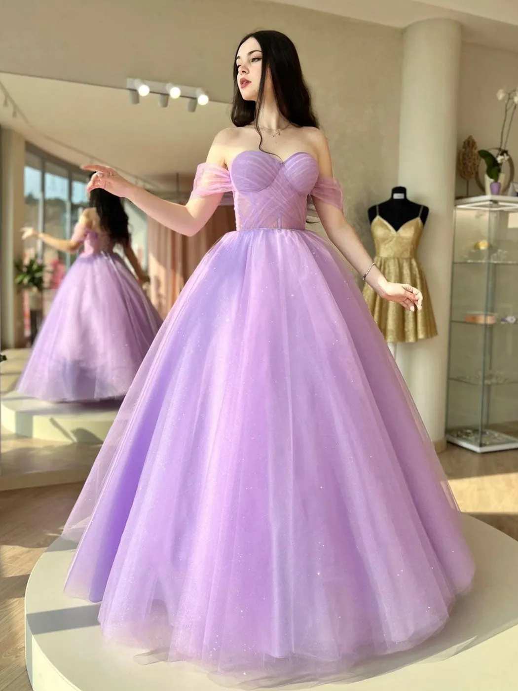 A-Line Sweetheart Neck Tulle Purple Long Prom Dress, Purple Formal Dresses