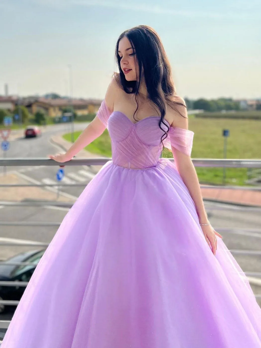 A-Line Sweetheart Neck Tulle Purple Long Prom Dress, Purple Formal Dresses