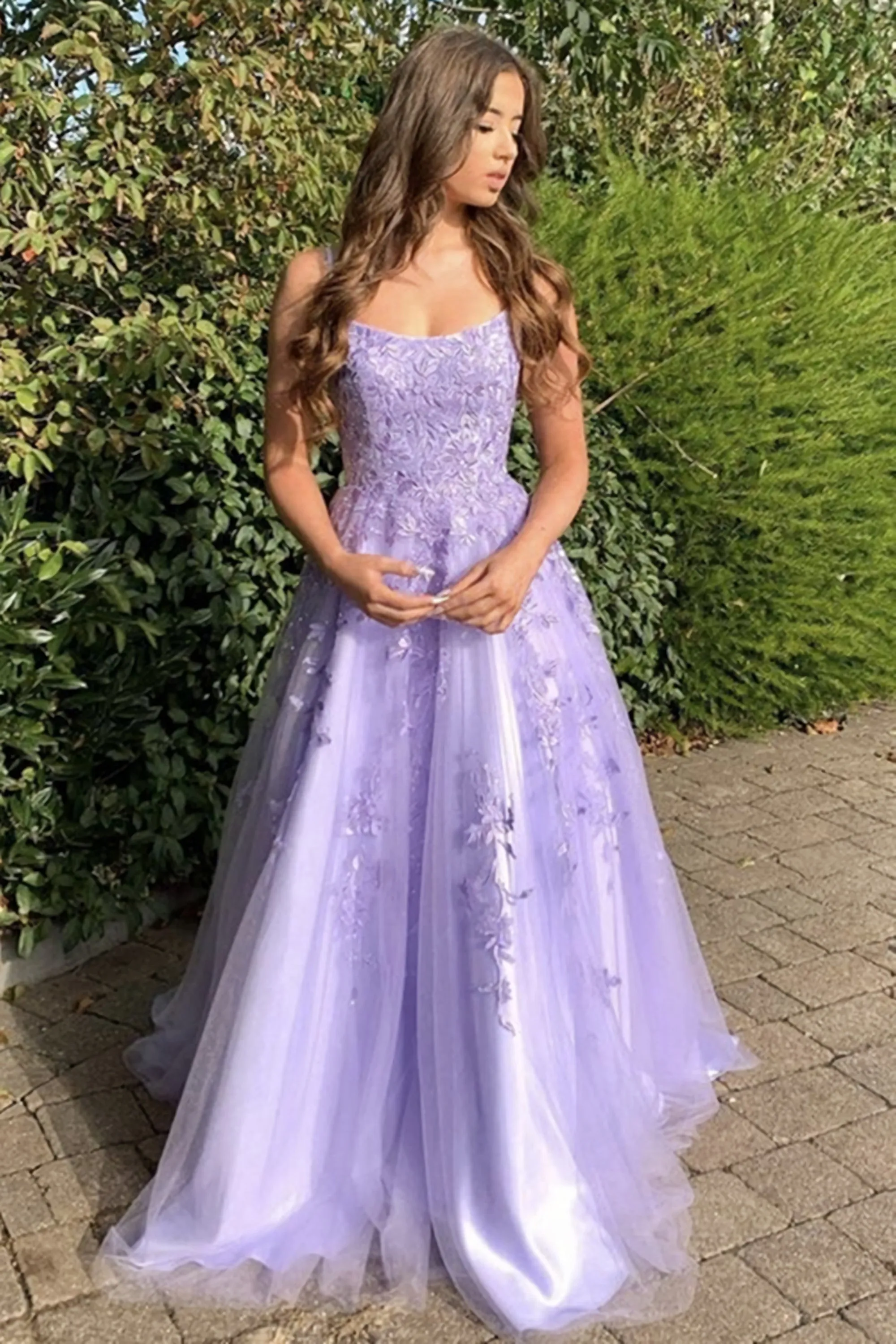 A Line Thin Strap Purple Lace Long Prom Dress, Purple Lace Formal Dress, Purple Evening Dress