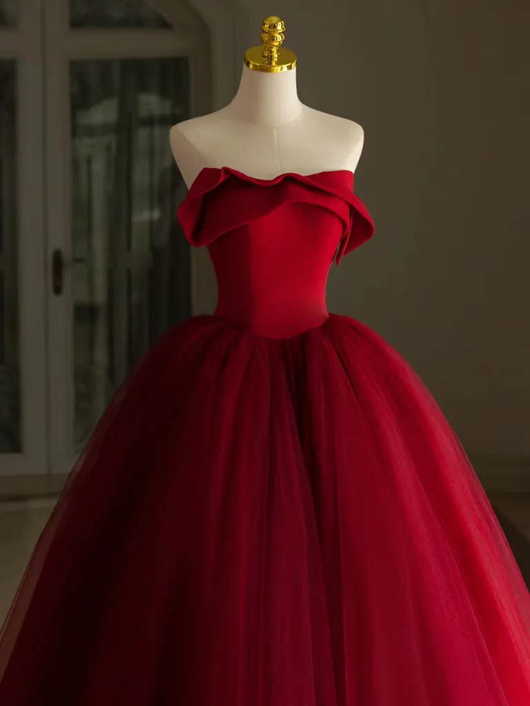 A-Line Tulle Burgundy Long Prom Dress, Burgundy Long Formal Dress