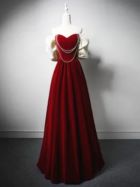 A-Line Velvet Burgundy Long Prom Dress, Burgundy Long Formal Dress