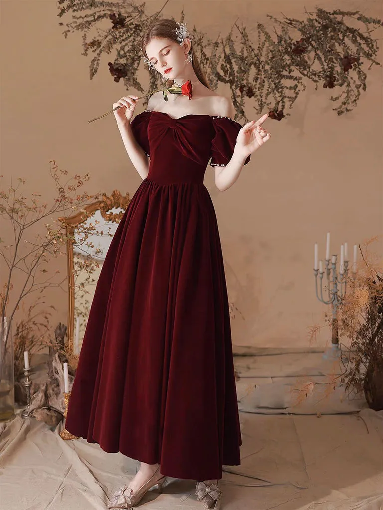 A-Line Velvet Tea Length Burgundy Prom Dress, Burgundy Formal Dress