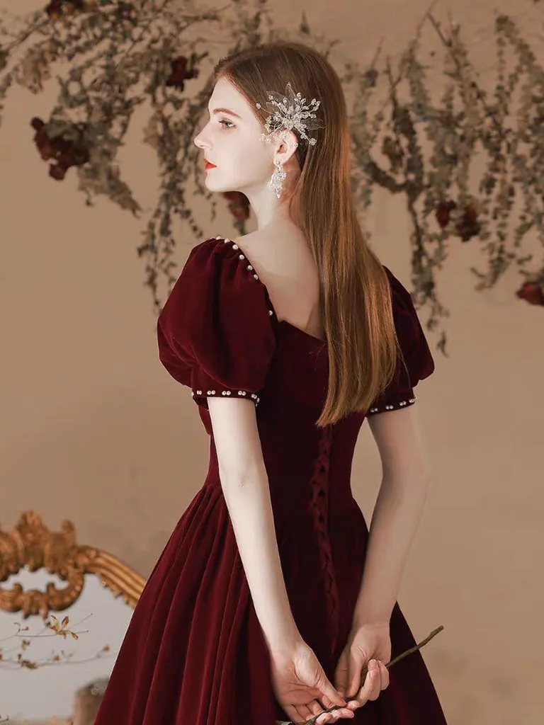 A-Line Velvet Tea Length Burgundy Prom Dress, Burgundy Formal Dress