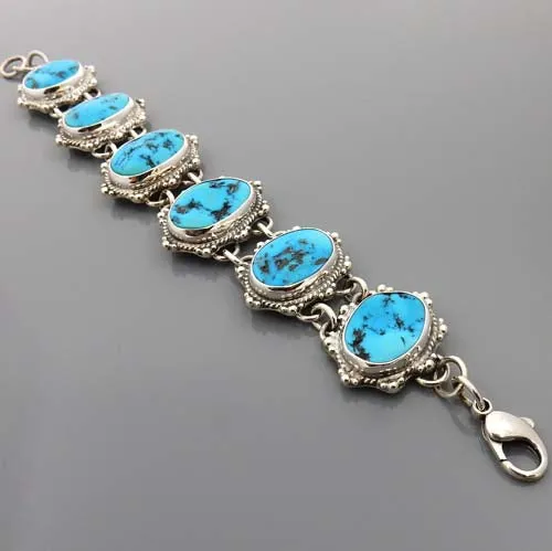 Adjustable Handmade Sterling Silver Kingman Turquoise Link Bracelet