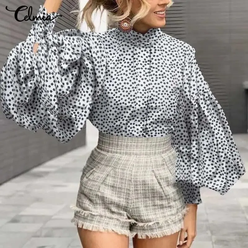 Aesthetic Print Ruffled Sleeve Elegant Blouses