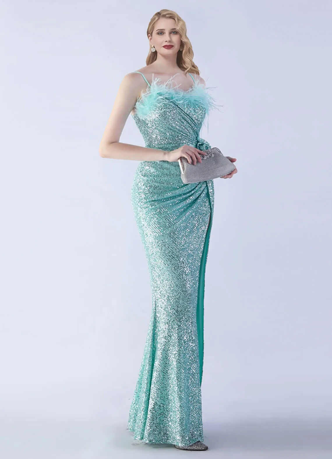 Agua Luxury Feather Spaghetti Straps Sequin Maxi Formal Gown