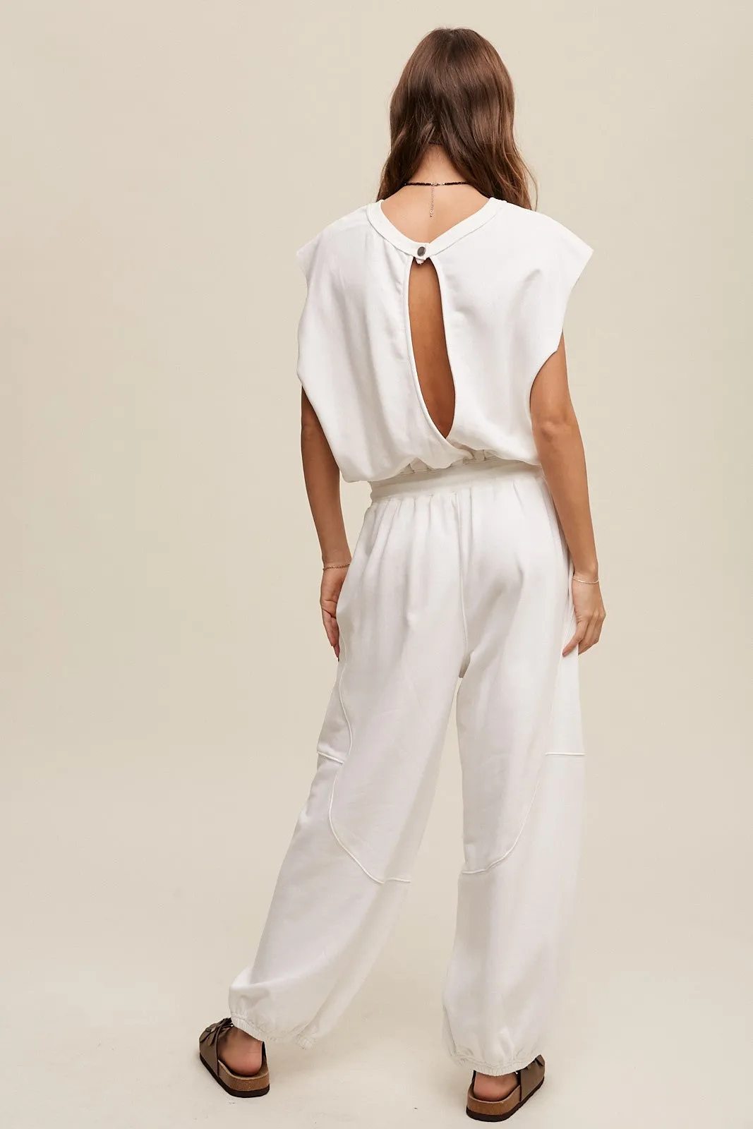 Athleisure Loose Jogger Jumpsuit - Cream