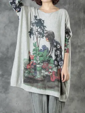 Autumn Women Loose Knitted Print Sweater