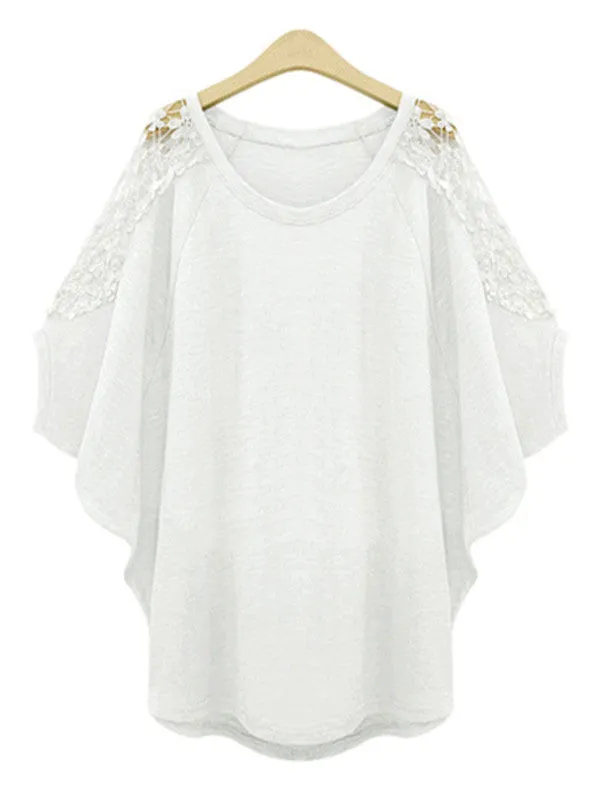 Bat Sleeve Patchwork Lace Loose T-shirt