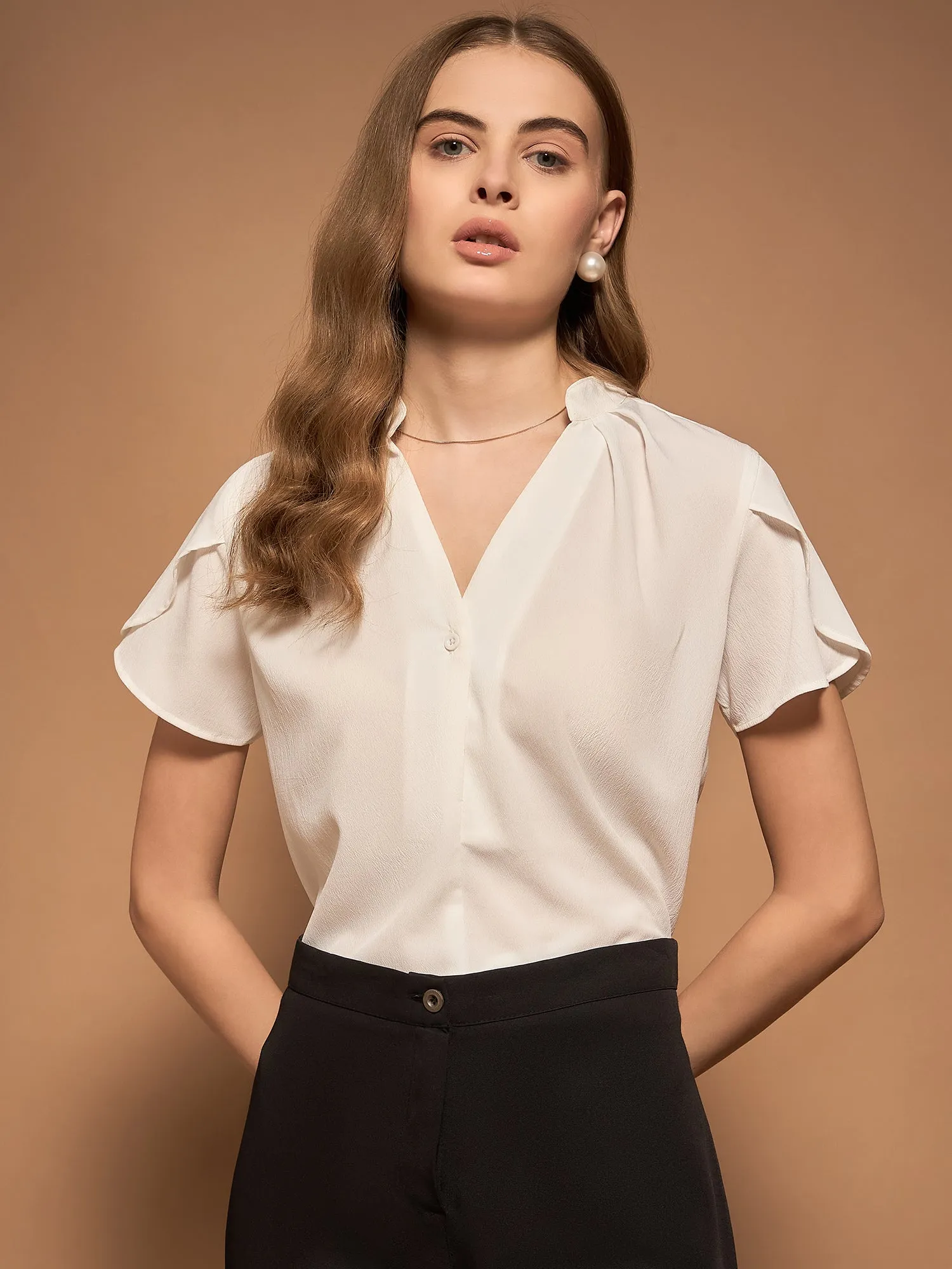 Berrylush BIZwear Women White Solid V-Neck Regular Formal Top