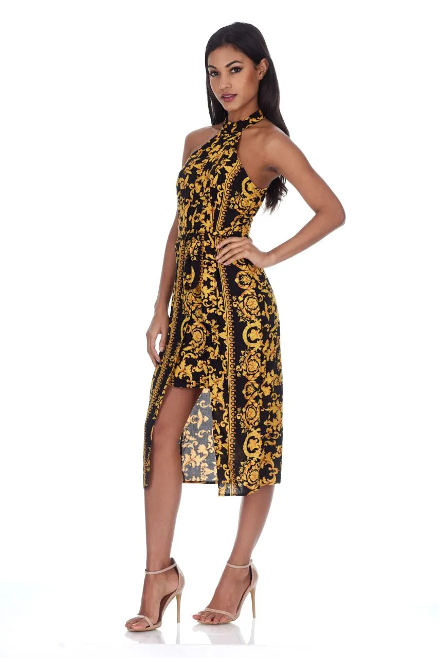 Black And Gold Patterned Midi dress