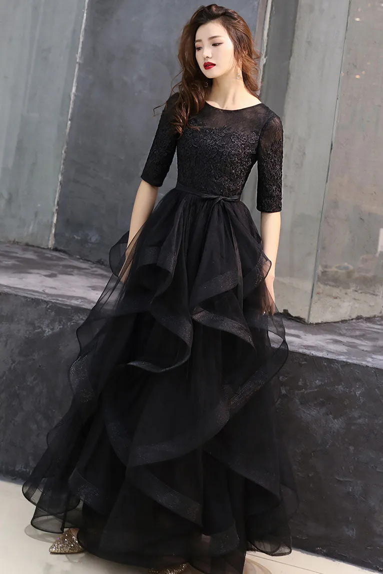 Black round neck tulle lace long prom dress, black formal dress