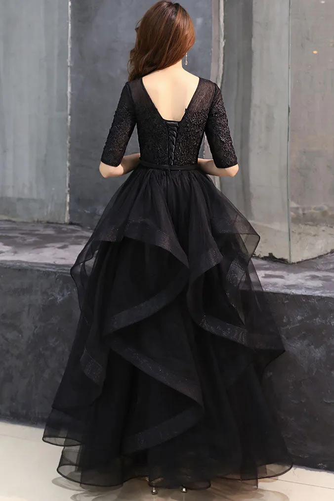 Black round neck tulle lace long prom dress, black formal dress