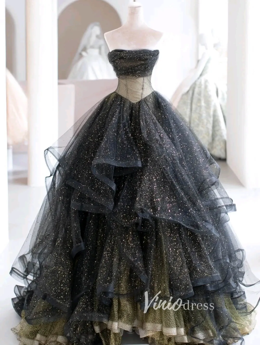 Black Sparkly Tulle Prom Dresses Strapless Ruffled Formal Gown FD3445