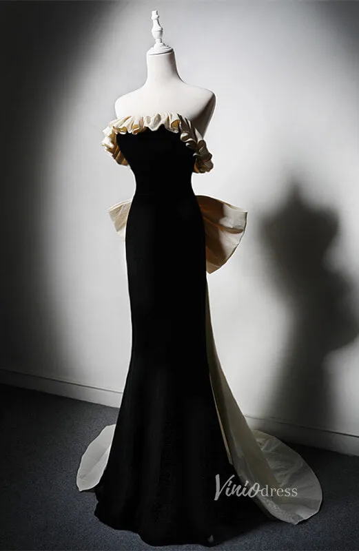 Black Velvet Mermaid Bow-Tie Prom Dresses Off the Shoulder Formal Dress AD1224