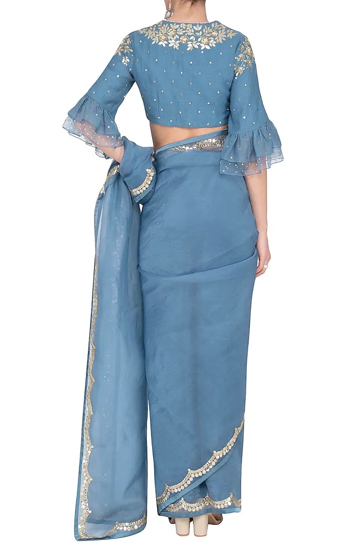 Blue Embroidered Saree Set