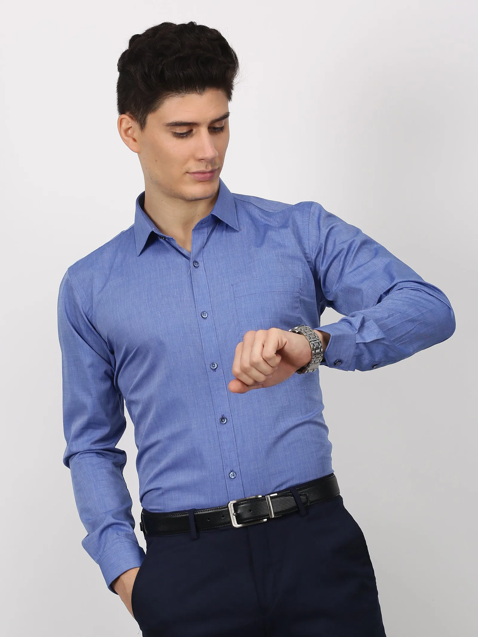 Blue Solid Long Sleeve Formal Shirt