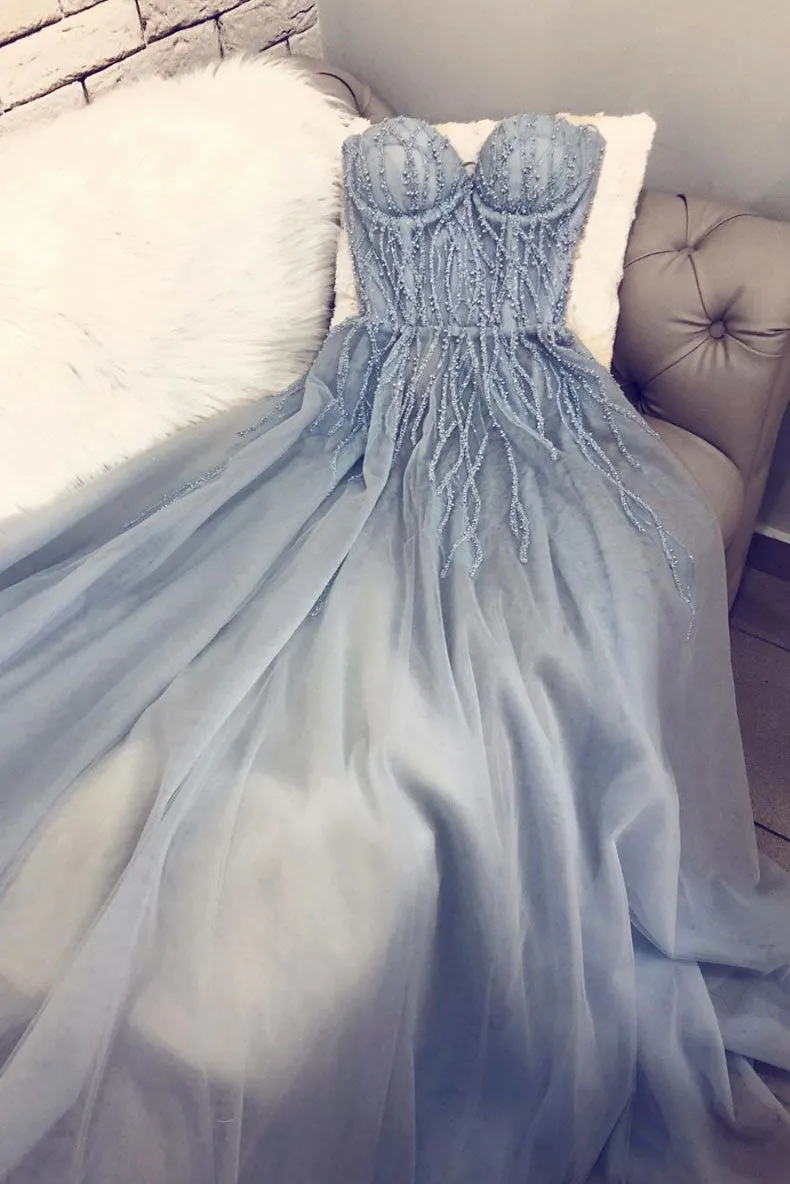 Blue sweetheart tulle long prom dress blue tulle formal dress