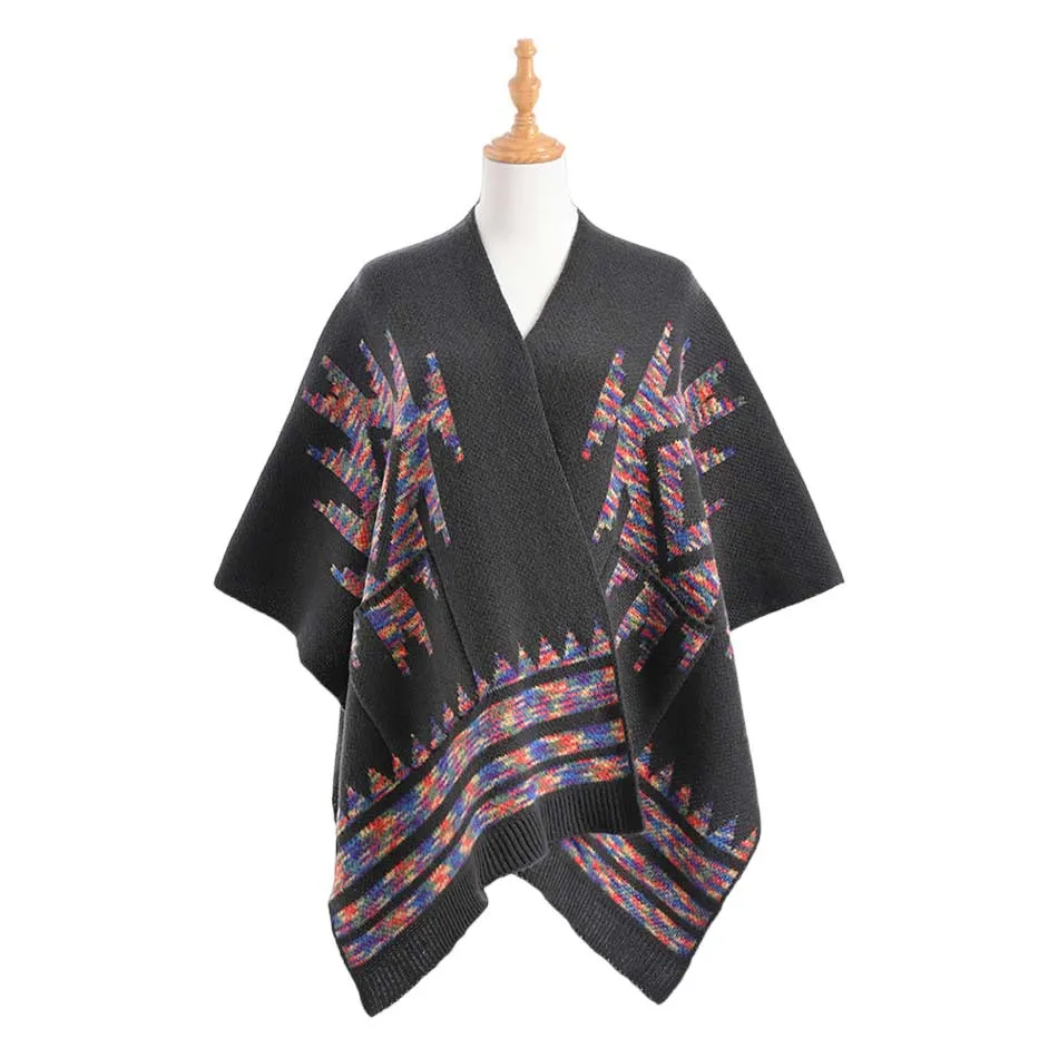 Boho Patterned Front Pockets Poncho