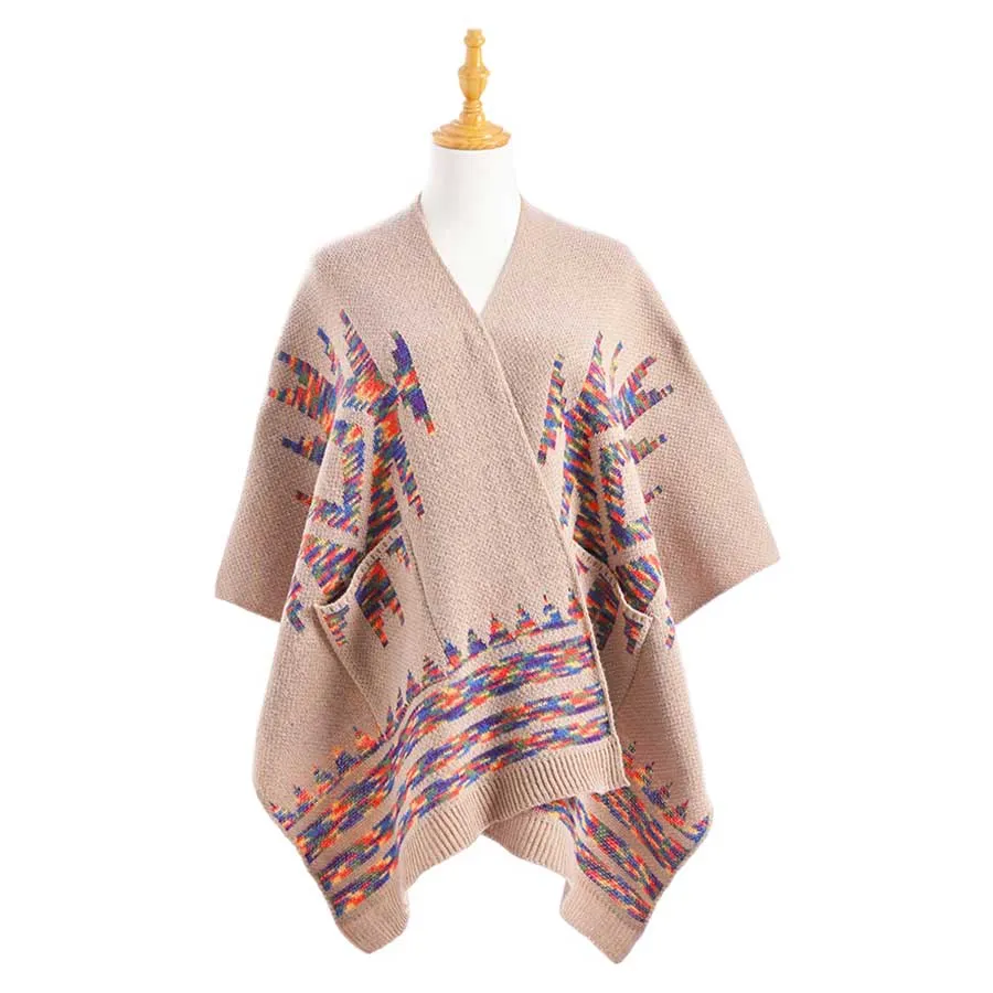 Boho Patterned Front Pockets Poncho