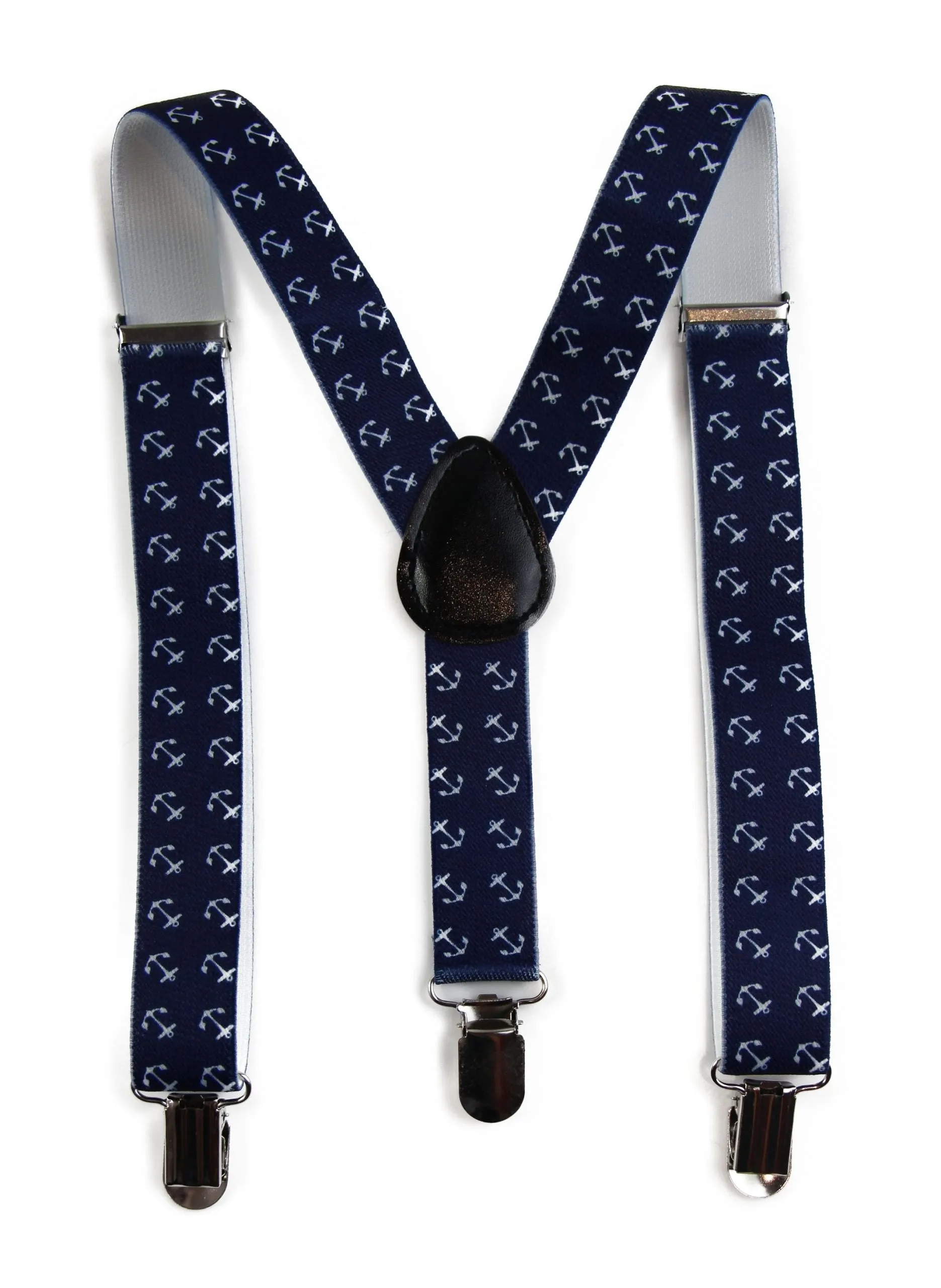 Boys Adjustable Navy With White Anchors Patterned Suspenders