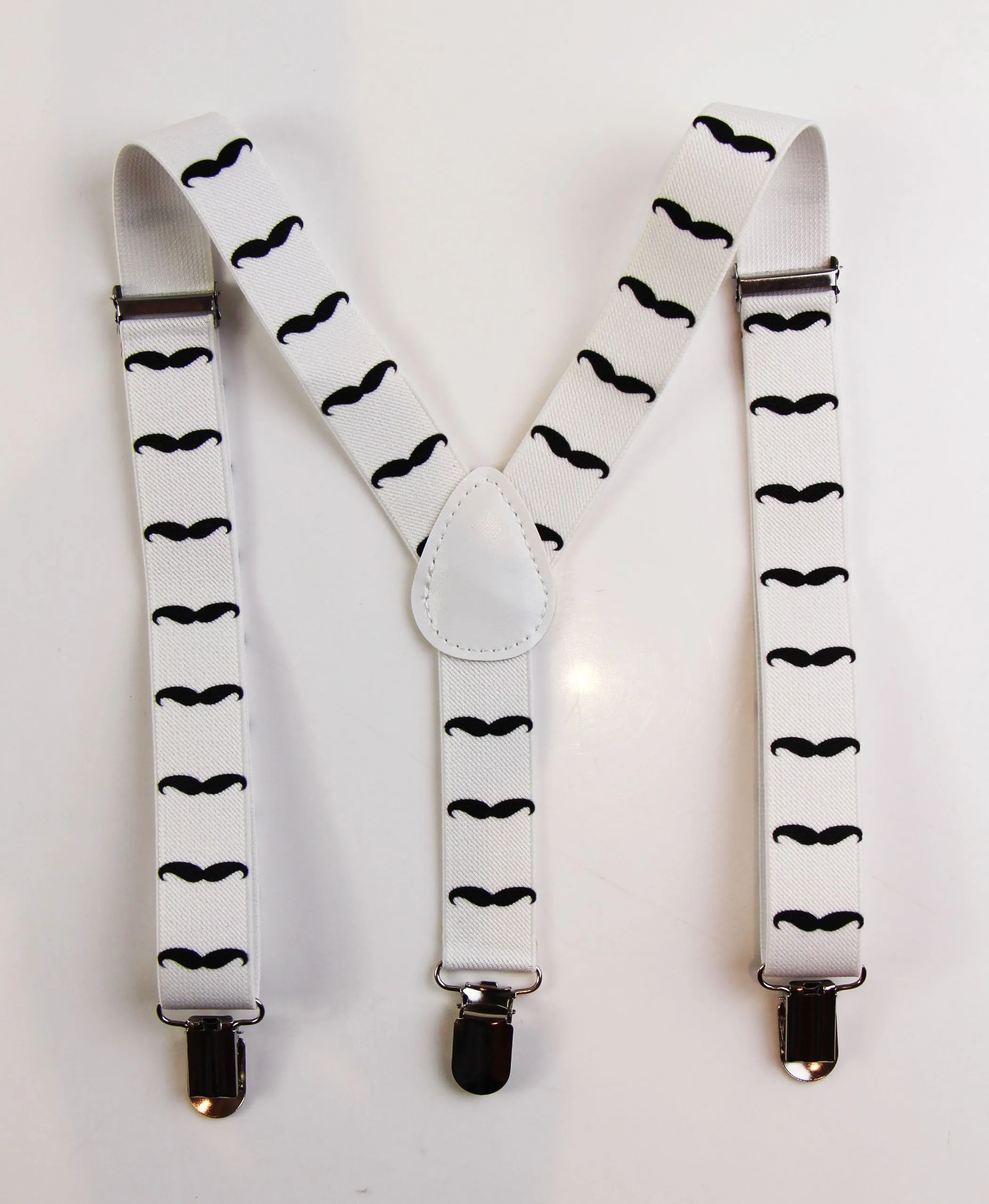 Boys Adjustable White With Black Moustaches Patterned Suspenders