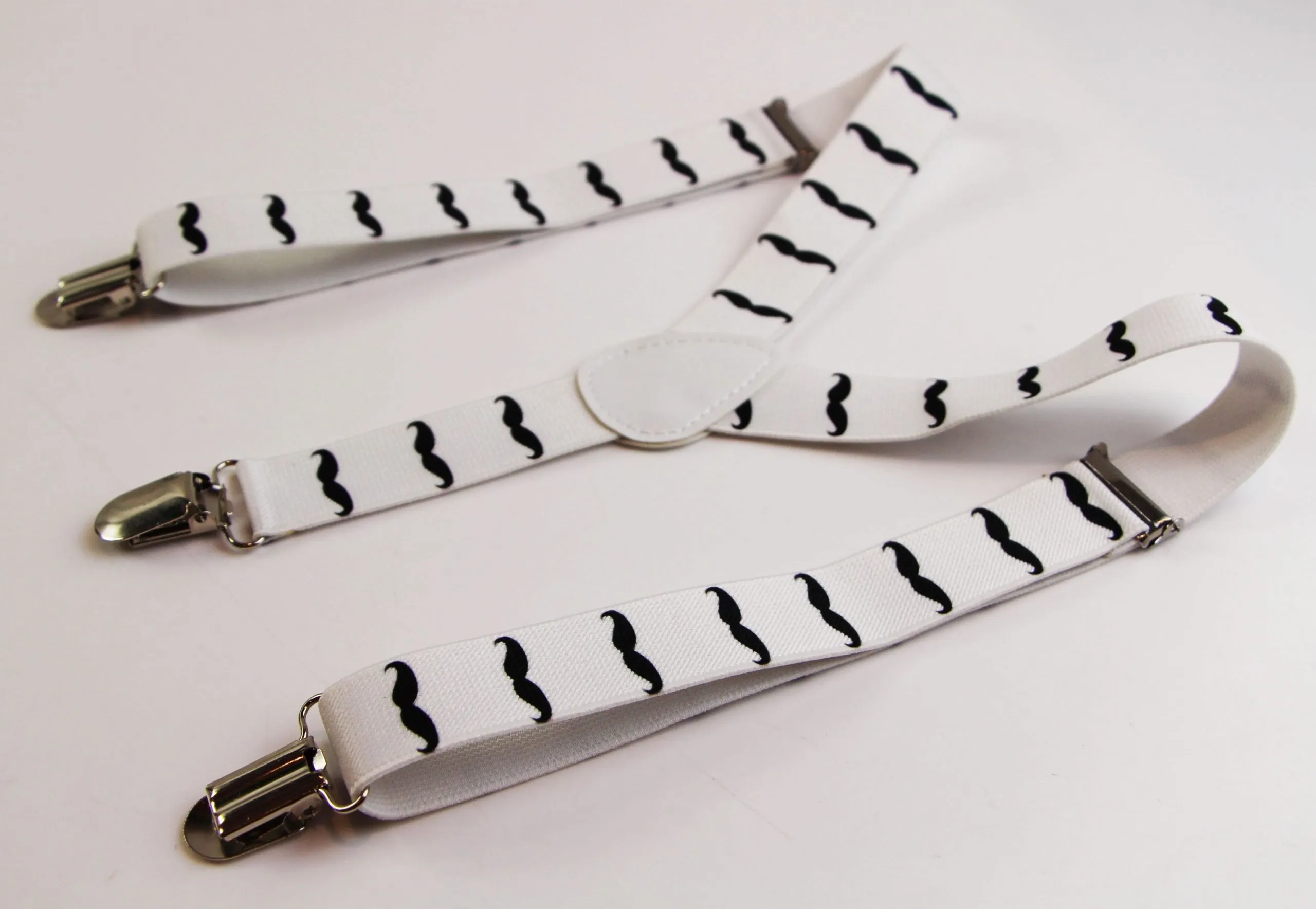 Boys Adjustable White With Black Moustaches Patterned Suspenders