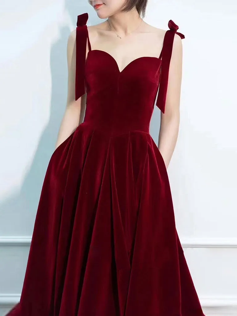 Burgundy A-Line Velvet Long Prom Dress, Burgundy Formal Dress