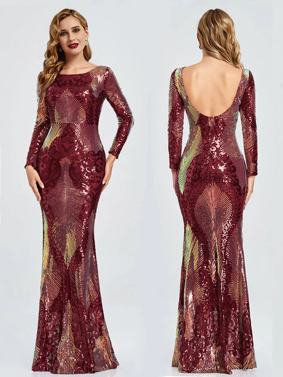 Burgundy Backless Long Sleeve Sequin Maxi Mermaid Evening Formal Dress