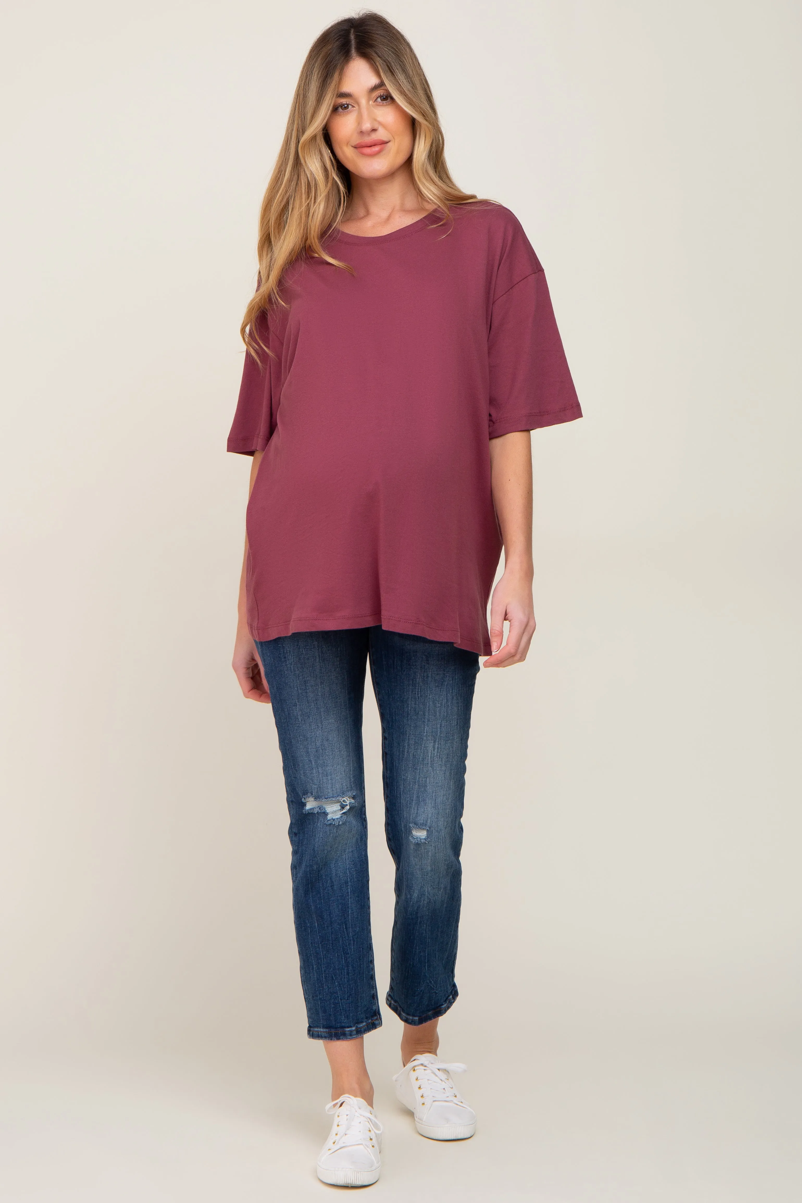 Burgundy Basic Oversized Maternity Tee