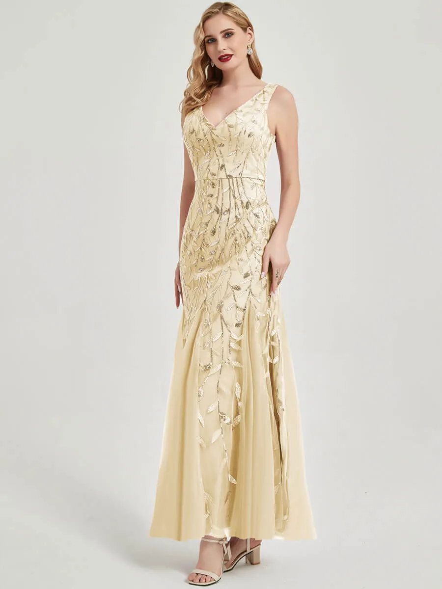 Champagne Gold Leaf Pattern Sequin Mermaid Maxi Formal Evening Dress