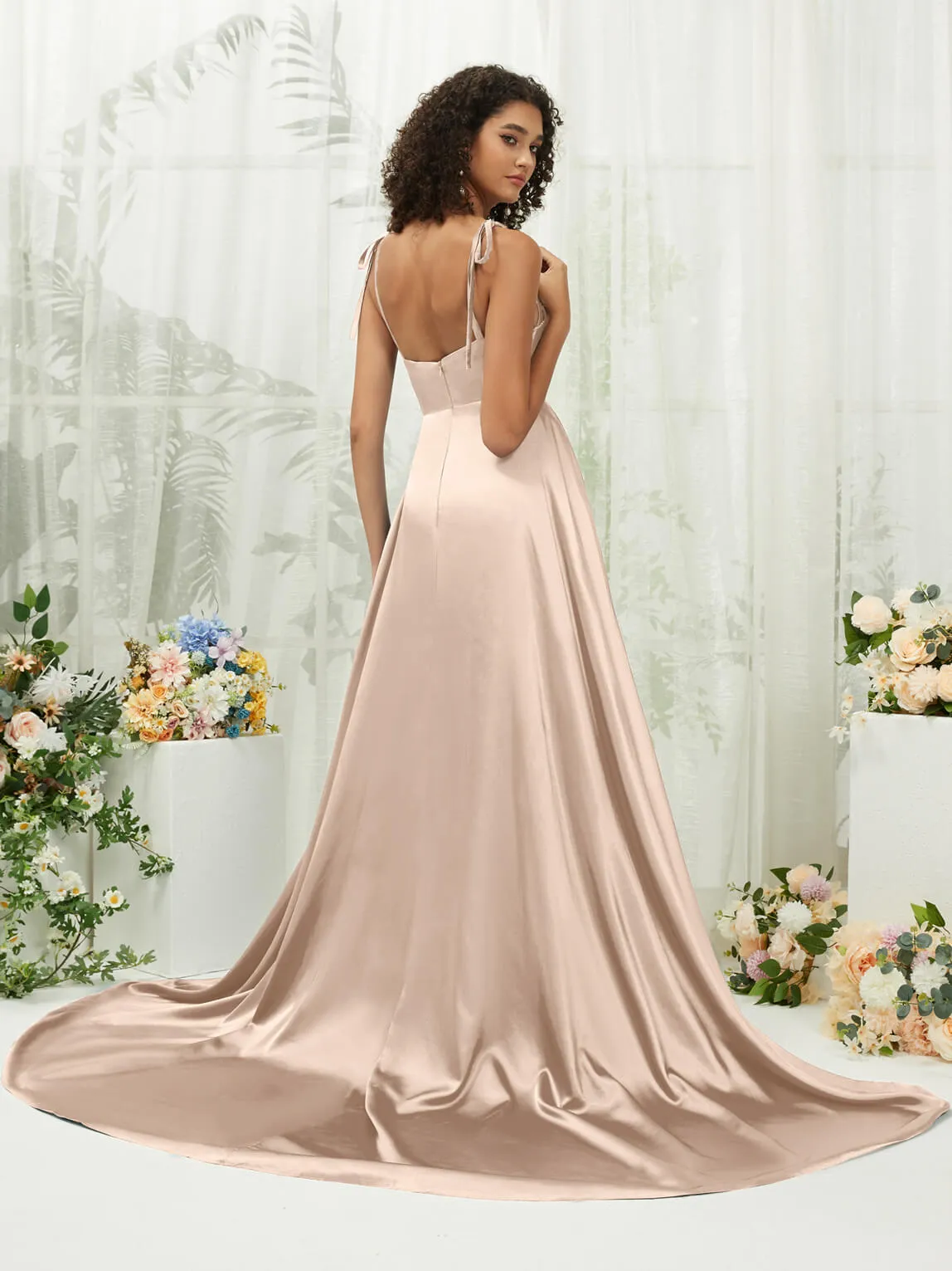 Champagne Satin Sweetheart Adjustable Straps Formal Gown With Pocket