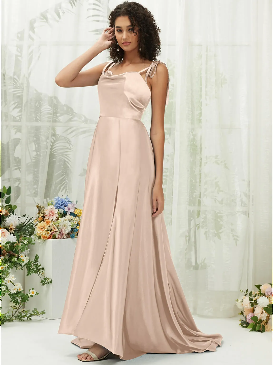 Champagne Satin Sweetheart Adjustable Straps Formal Gown With Pocket