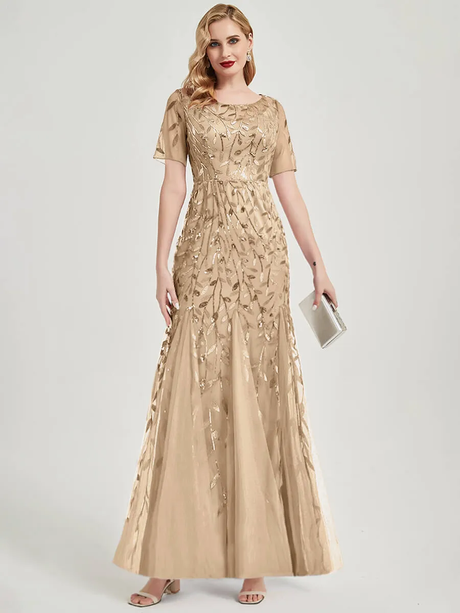 Champagne Sheer Sleeves Floor Length Sequin Tulle Mermaid Formal Dress