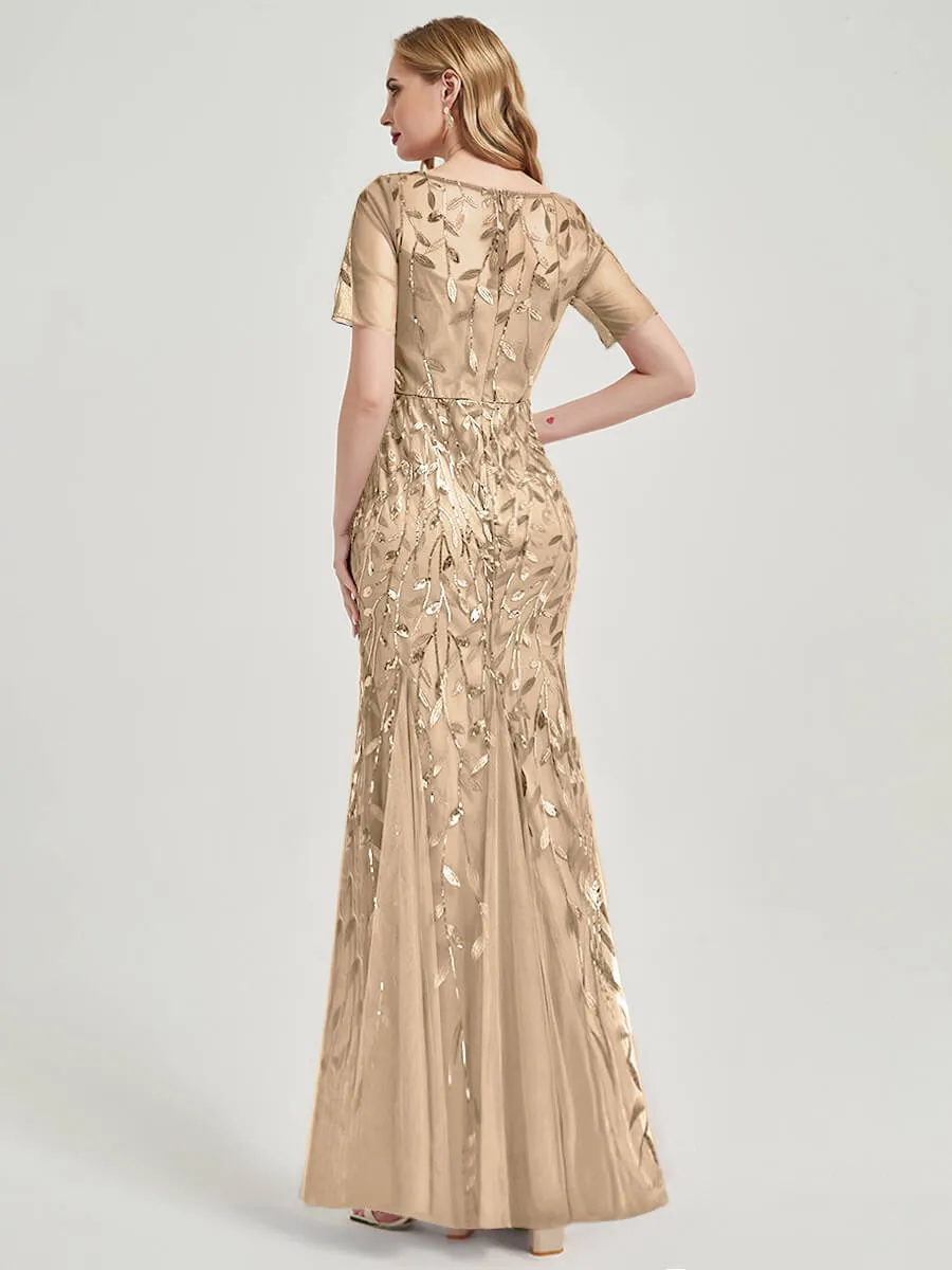 Champagne Sheer Sleeves Floor Length Sequin Tulle Mermaid Formal Dress