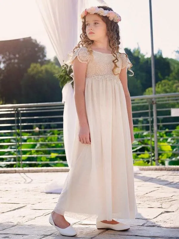 Champagne Short Sleeves Lace Flower Girl Dresses Jewel Neck Formal Kids Pageant Dresses