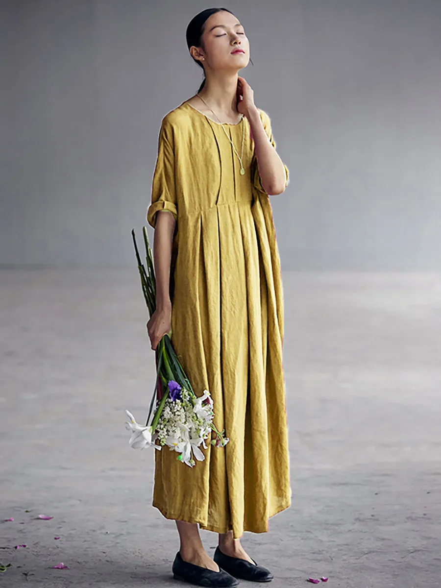 Chinese Style Elegant Pleated Loose Linen Dress