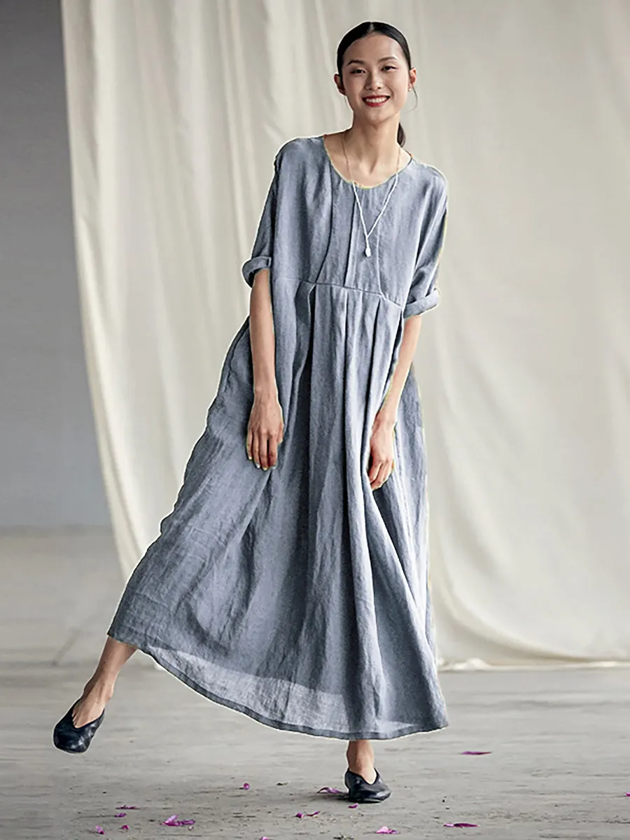 Chinese Style Elegant Pleated Loose Linen Dress