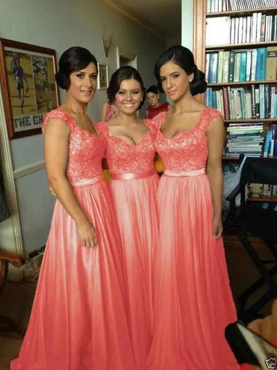 Coral Chiffon Corset Long Bridesmaids Dress Formal Prom Dress